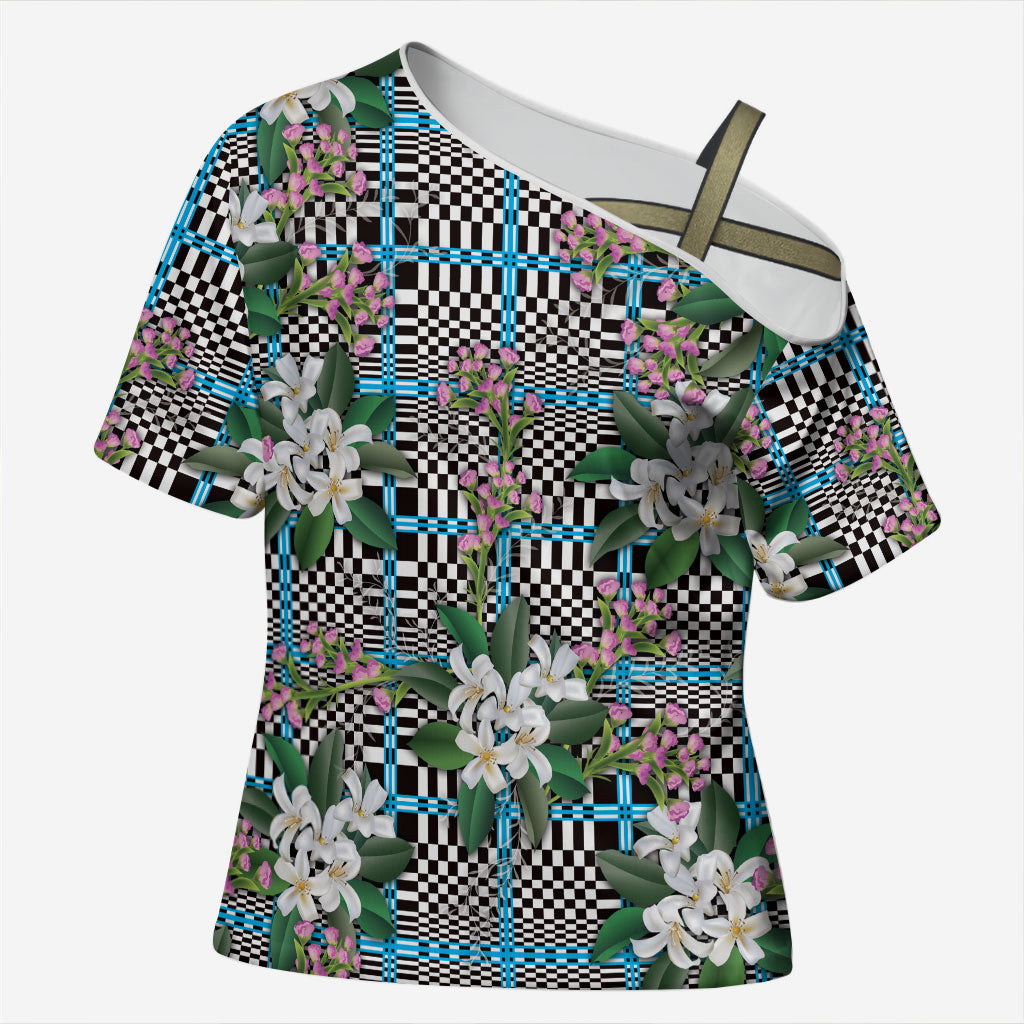 Blue Binakol Motifs With Jasminum Sambac Cross Shoulder Shirt Mabuhay Philippines Festival DT05 Female Blue - Polynesian Pride