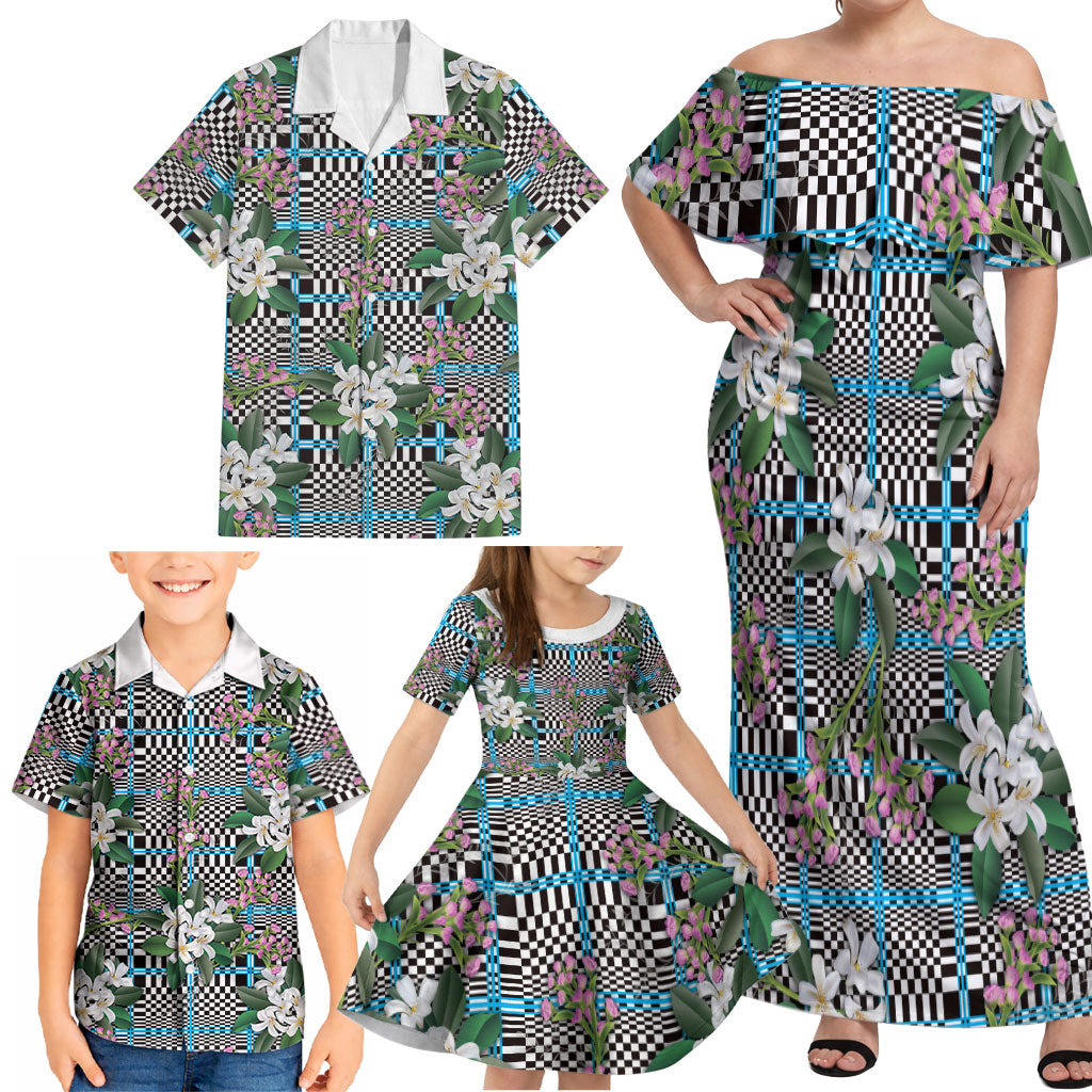 Blue Binakol Motifs With Jasminum Sambac Family Matching Off Shoulder Maxi Dress and Hawaiian Shirt Mabuhay Philippines Festival