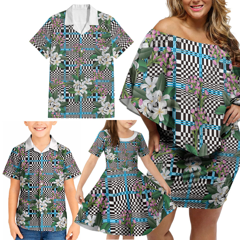 Blue Binakol Motifs With Jasminum Sambac Family Matching Off Shoulder Short Dress and Hawaiian Shirt Mabuhay Philippines Festival