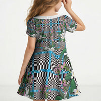 Blue Binakol Motifs With Jasminum Sambac Kid Short Sleeve Dress Mabuhay Philippines Festival DT05 - Polynesian Pride