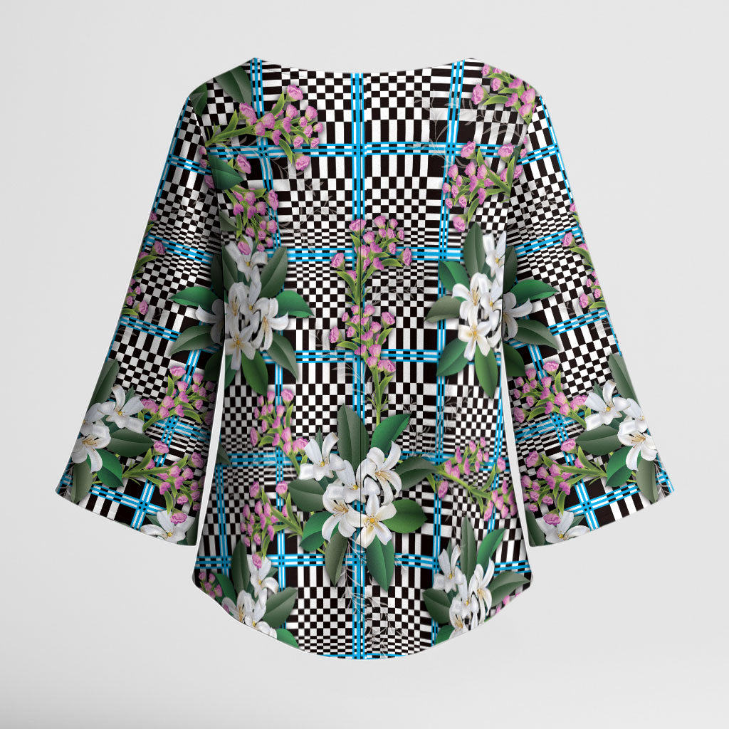 Blue Binakol Motifs With Jasminum Sambac Kimono Sleeve Blouse Mabuhay Philippines Festival DT05 - Polynesian Pride