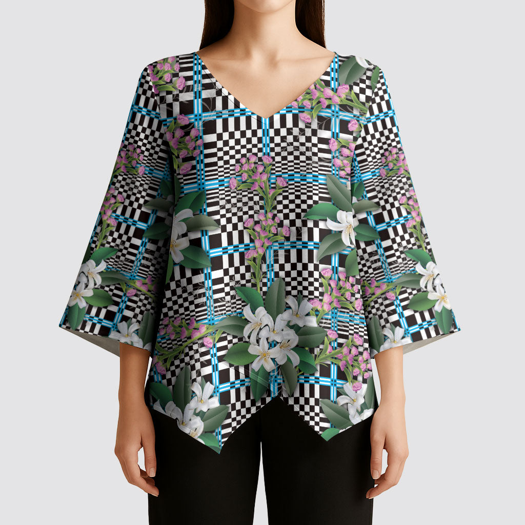 Blue Binakol Motifs With Jasminum Sambac Kimono Sleeve Blouse Mabuhay Philippines Festival DT05 - Polynesian Pride