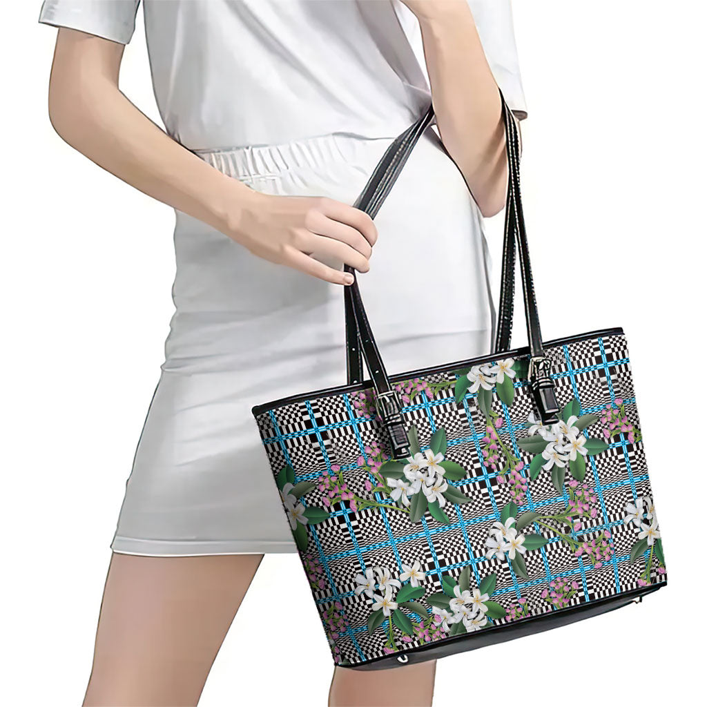 Blue Binakol Motifs With Jasminum Sambac Leather Tote Bag Mabuhay Philippines Festival DT05 - Polynesian Pride