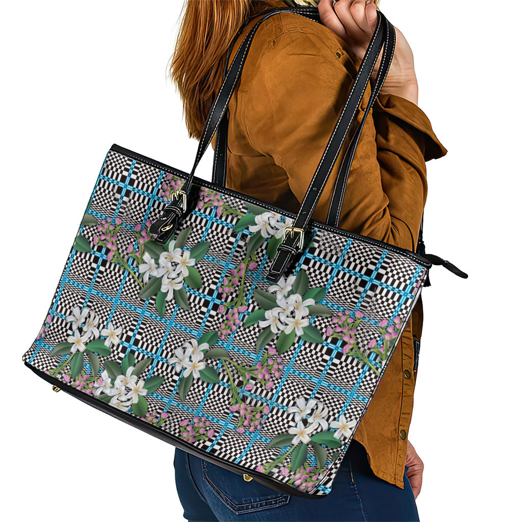Blue Binakol Motifs With Jasminum Sambac Leather Tote Bag Mabuhay Philippines Festival DT05 - Polynesian Pride
