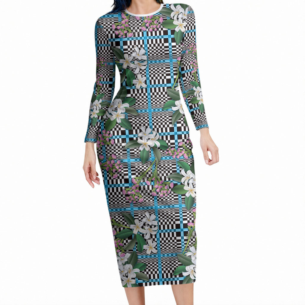 Blue Binakol Motifs With Jasminum Sambac Long Sleeve Bodycon Dress Mabuhay Philippines Festival