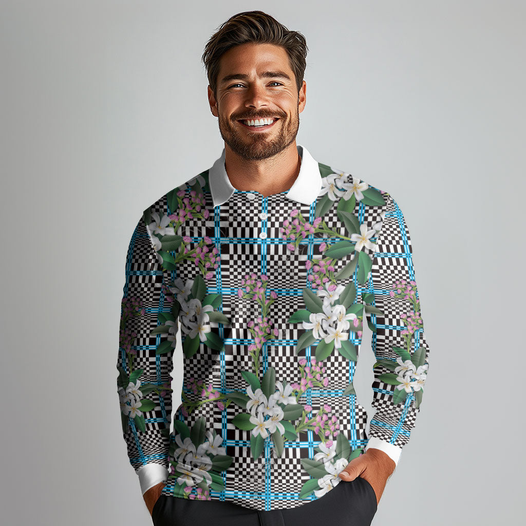 Blue Binakol Motifs With Jasminum Sambac Long Sleeve Polo Shirt Mabuhay Philippines Festival DT05 - Polynesian Pride