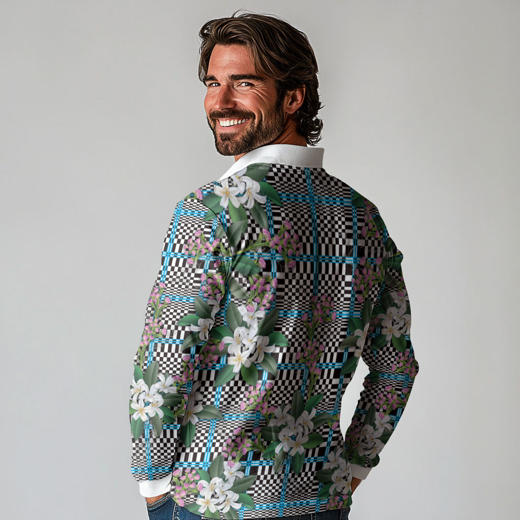 Blue Binakol Motifs With Jasminum Sambac Long Sleeve Polo Shirt Mabuhay Philippines Festival DT05 - Polynesian Pride