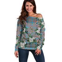 Blue Binakol Motifs With Jasminum Sambac Off Shoulder Sweater Mabuhay Philippines Festival DT05 Women Blue - Polynesian Pride