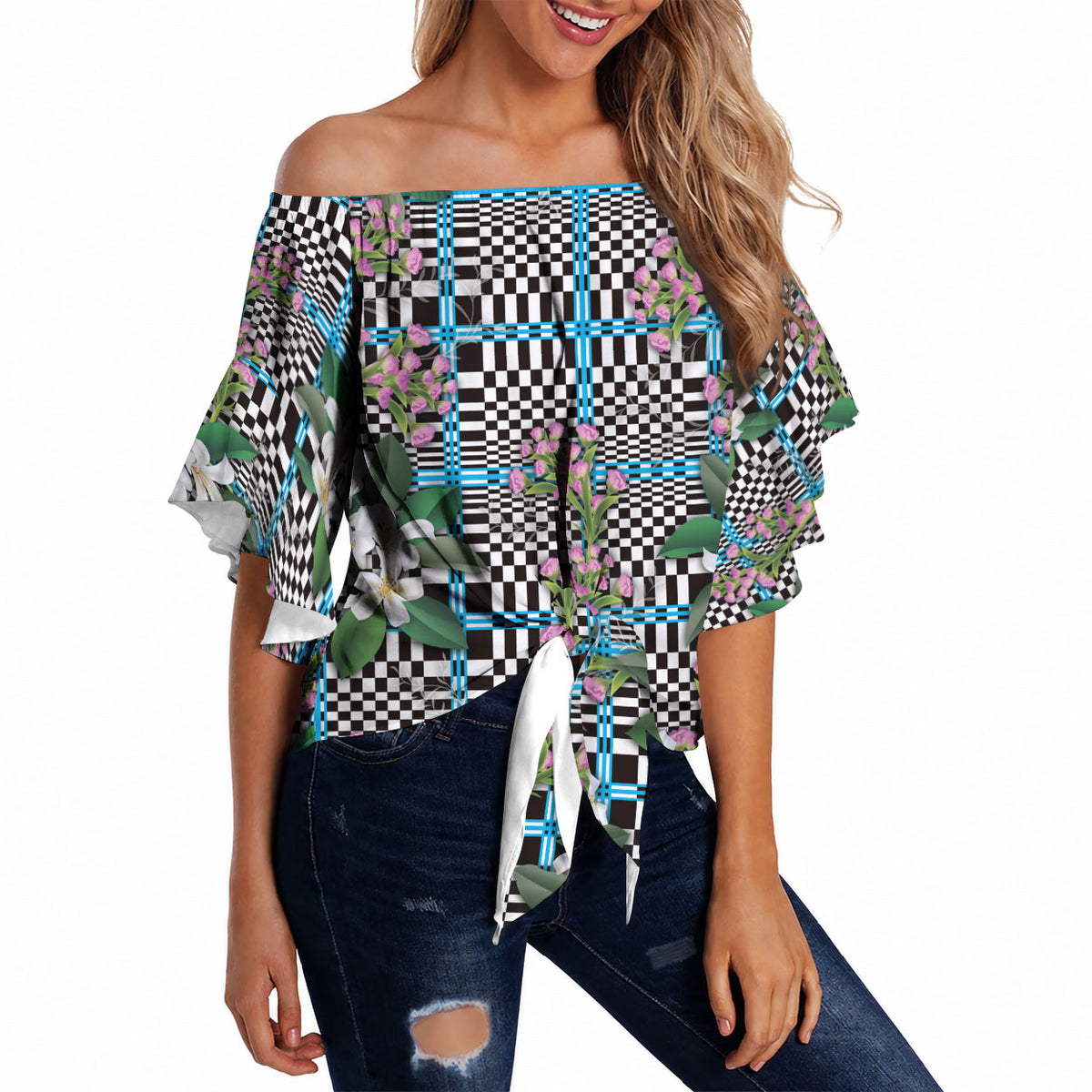 Blue Binakol Motifs With Jasminum Sambac Off Shoulder Wrap Waist Top Mabuhay Philippines Festival DT05 Blue - Polynesian Pride