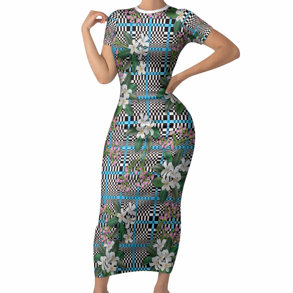 Blue Binakol Motifs With Jasminum Sambac Short Sleeve Bodycon Dress Mabuhay Philippines Festival