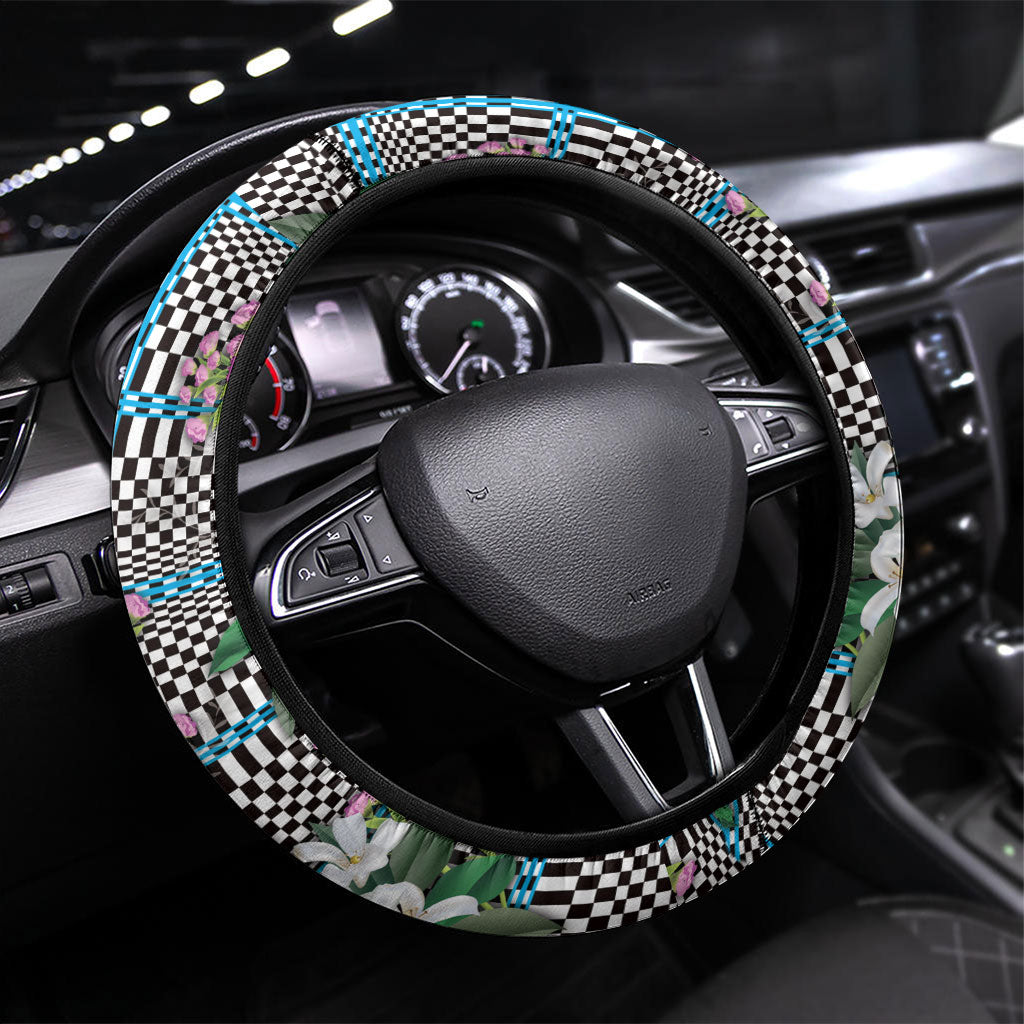 Blue Binakol Motifs With Jasminum Sambac Steering Wheel Cover Mabuhay Philippines Festival DT05 Universal Fit Blue - Polynesian Pride