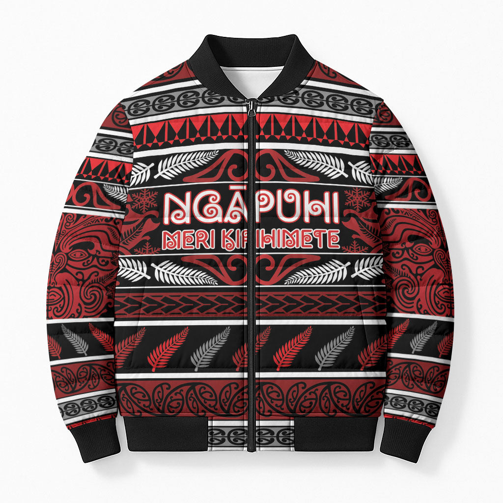 Personalised Ngapuhi Aotearoa Meri Kirihimete Bomber Puffer Jacket Maori Silver Fern Koru Tribal Pattern DT05 Unisex Red - Polynesian Pride