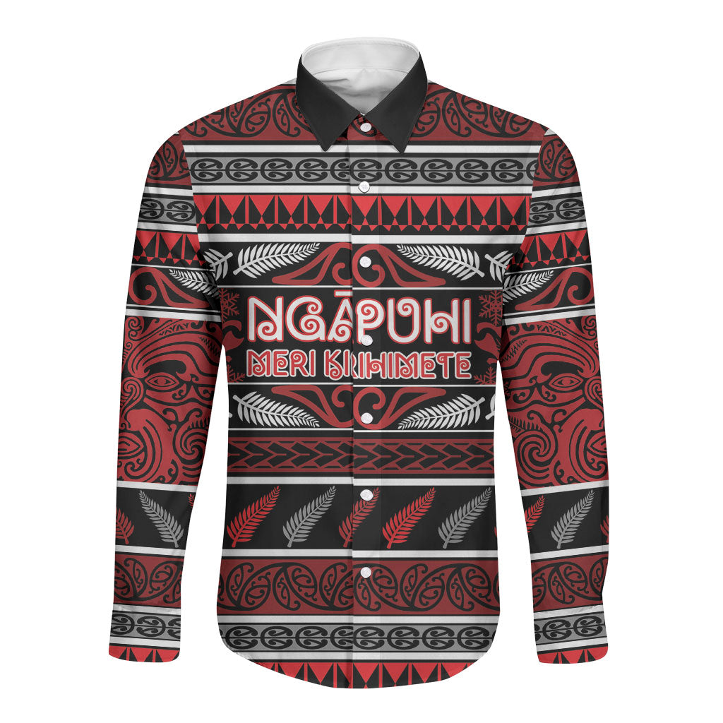 Personalised Ngapuhi Aotearoa Meri Kirihimete Long Sleeve Button Shirt Maori Silver Fern Koru Tribal Pattern