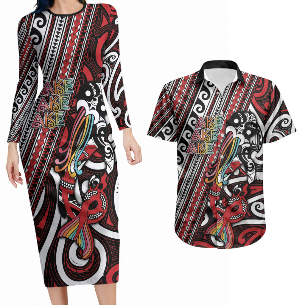 Personalised Maori Language Week Couples Matching Long Sleeve Bodycon Dress and Hawaiian Shirt Ake Ake Ake Tribal Patterns DT05 Red - Polynesian Pride