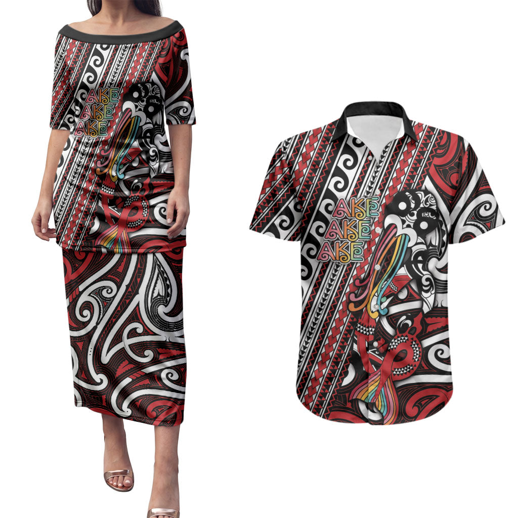 Personalised Maori Language Week Couples Matching Puletasi and Hawaiian Shirt Ake Ake Ake Tribal Patterns DT05 Red - Polynesian Pride