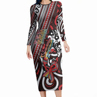 Personalised Maori Language Week Long Sleeve Bodycon Dress Ake Ake Ake Tribal Patterns DT05 Long Dress Red - Polynesian Pride