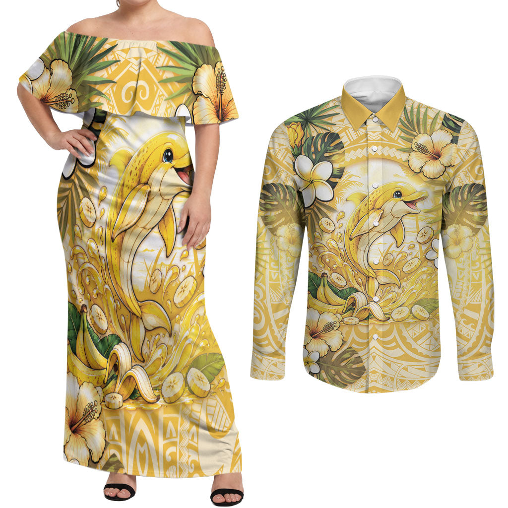 Hawaii Banana Dolphin Couples Matching Off Shoulder Maxi Dress and Long Sleeve Button Shirt Cute Cosplay Naiʻa Fish Tribal Patterns DT05 Yellow - Polynesian Pride