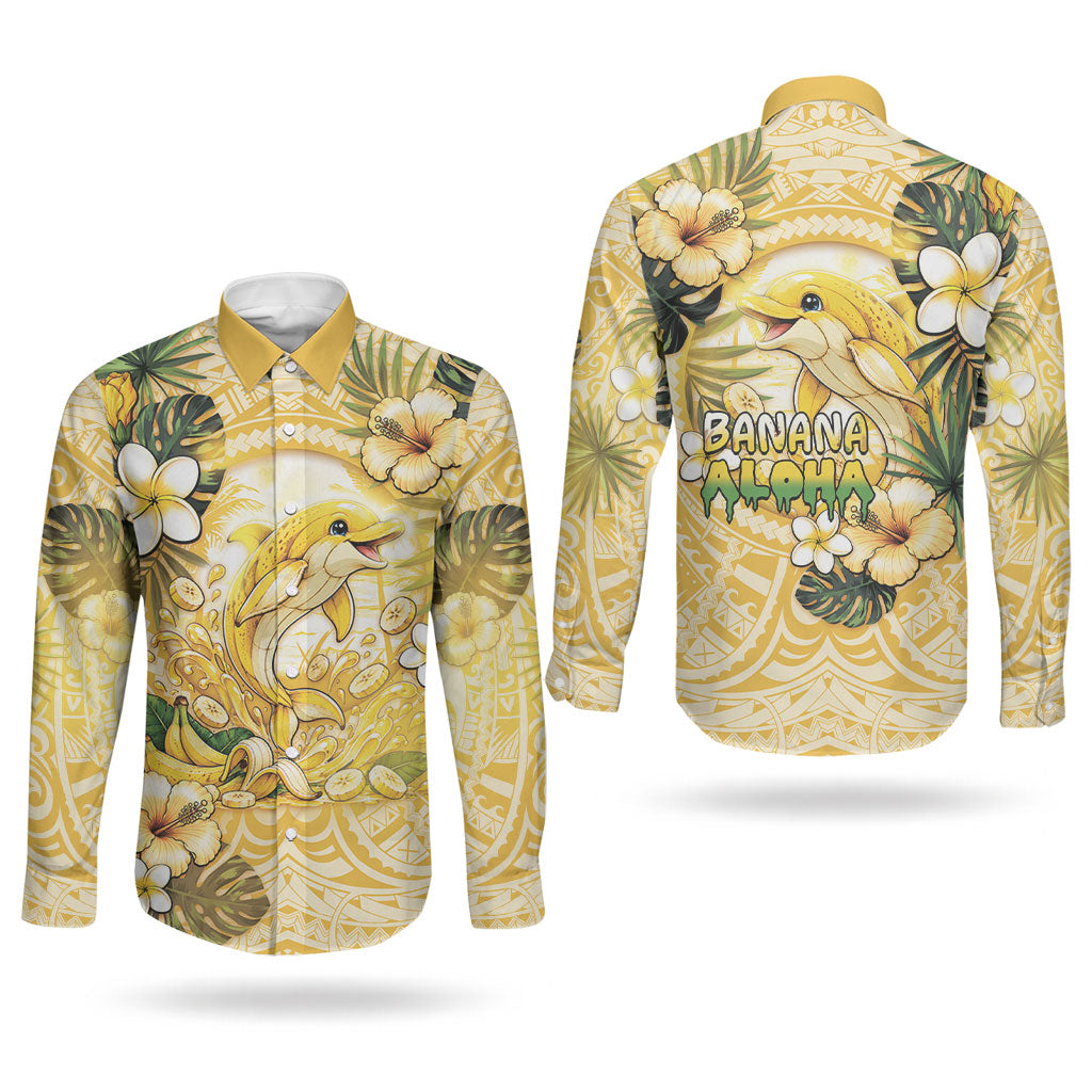 Hawaii Banana Dolphin Couples Matching Off Shoulder Maxi Dress and Long Sleeve Button Shirt Cute Cosplay Naiʻa Fish Tribal Patterns DT05 - Polynesian Pride
