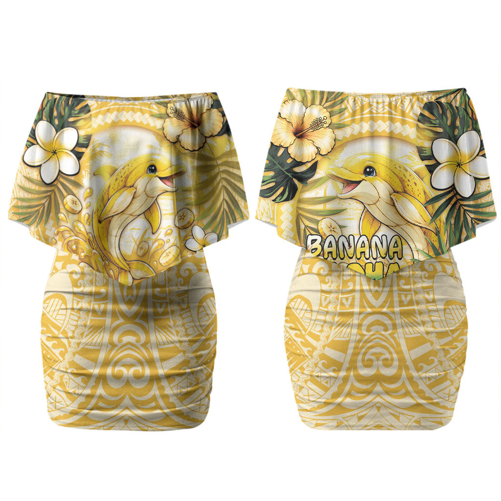 Hawaii Banana Dolphin Couples Matching Off Shoulder Short Dress and Hawaiian Shirt Cute Cosplay Naiʻa Fish Tribal Patterns DT05 - Polynesian Pride