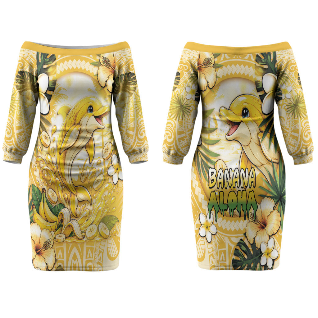 Hawaii Banana Dolphin Couples Matching Off The Shoulder Long Sleeve Dress and Hawaiian Shirt Cute Cosplay Naiʻa Fish Tribal Patterns DT05 - Polynesian Pride