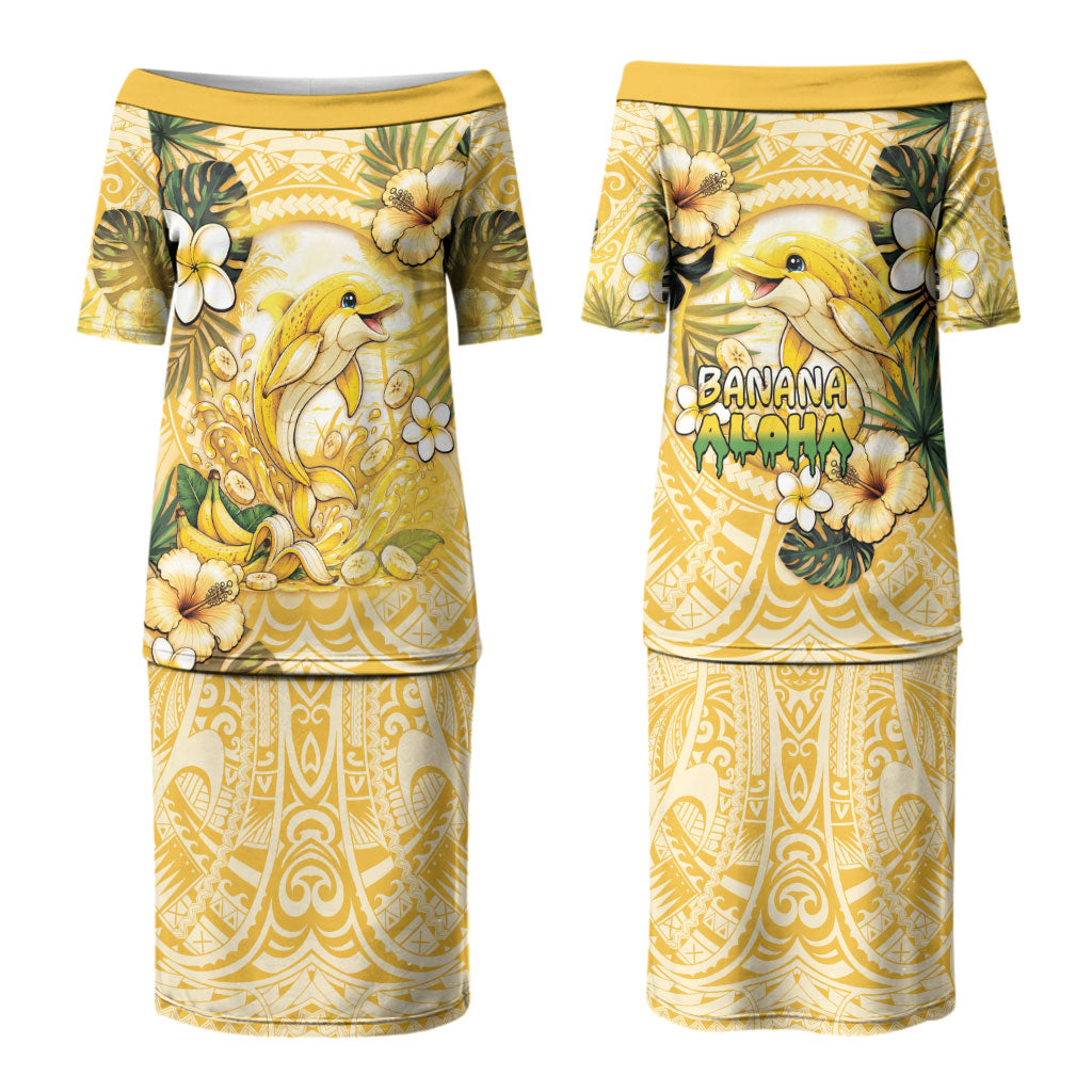 Hawaii Banana Dolphin Couples Matching Puletasi and Hawaiian Shirt Cute Cosplay Naiʻa Fish Tribal Patterns DT05 - Polynesian Pride