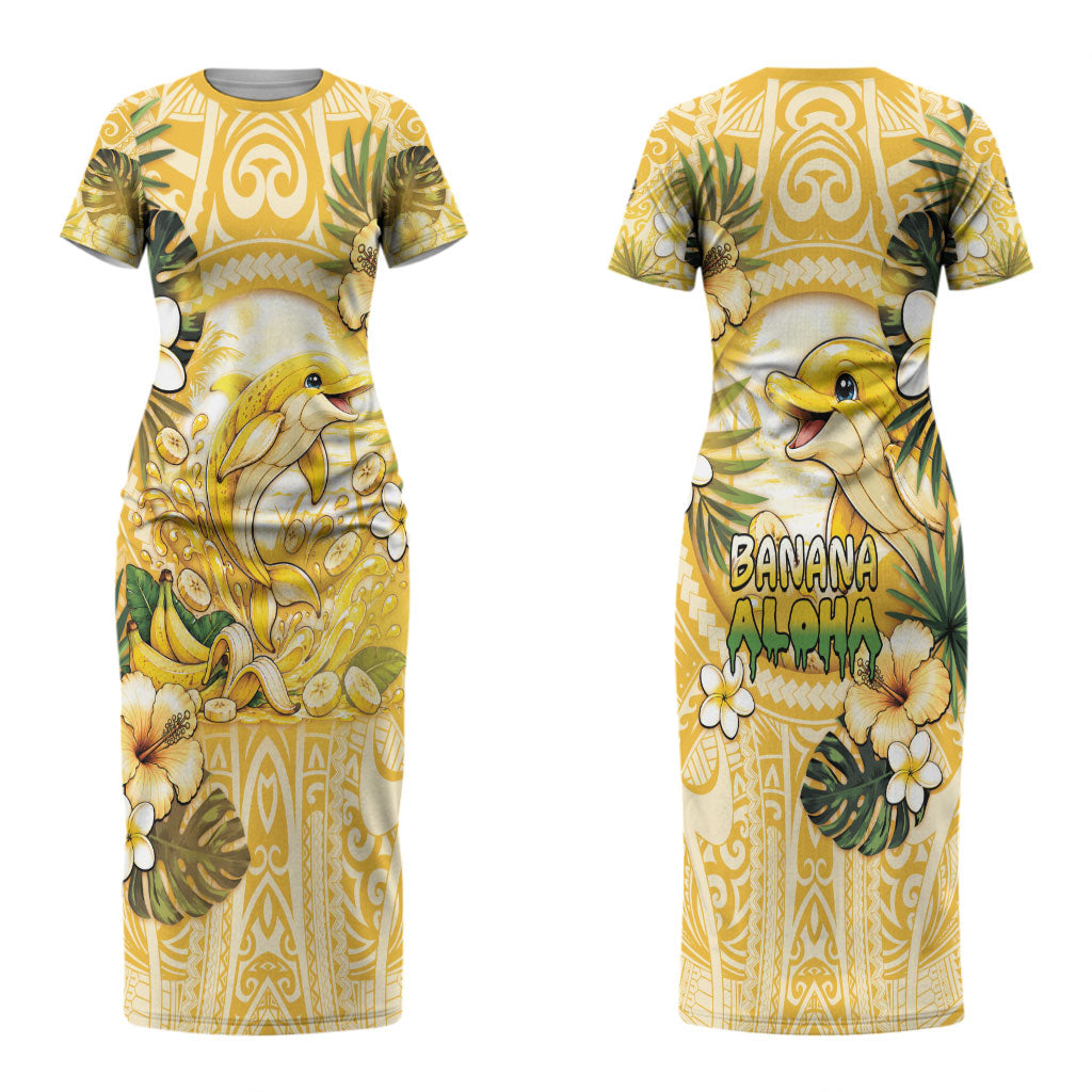 Hawaii Banana Dolphin Couples Matching Short Sleeve Bodycon Dress and Long Sleeve Button Shirt Cute Cosplay Naiʻa Fish Tribal Patterns DT05 - Polynesian Pride