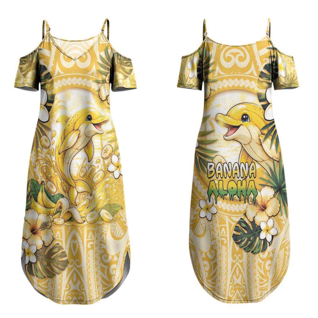 Hawaii Banana Dolphin Couples Matching Summer Maxi Dress and Long Sleeve Button Shirt Cute Cosplay Naiʻa Fish Tribal Patterns DT05 - Polynesian Pride