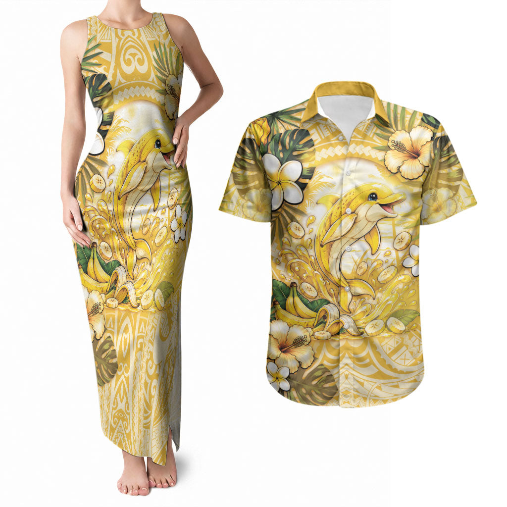 Hawaii Banana Dolphin Couples Matching Tank Maxi Dress and Hawaiian Shirt Cute Cosplay Naiʻa Fish Tribal Patterns DT05 Yellow - Polynesian Pride