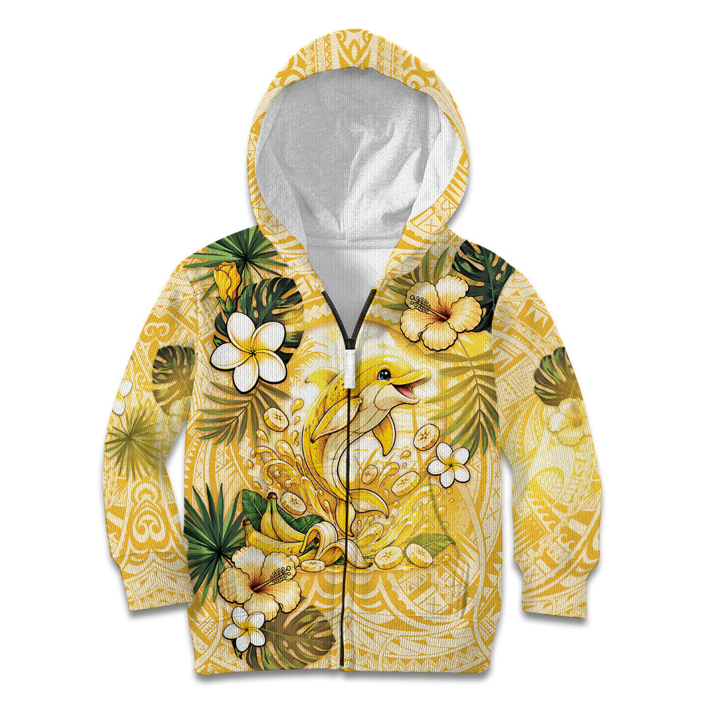 Hawaii Banana Dolphin Kid Hoodie Cute Cosplay Naiʻa Fish Tribal Patterns DT05 Zip Hoodie Yellow - Polynesian Pride