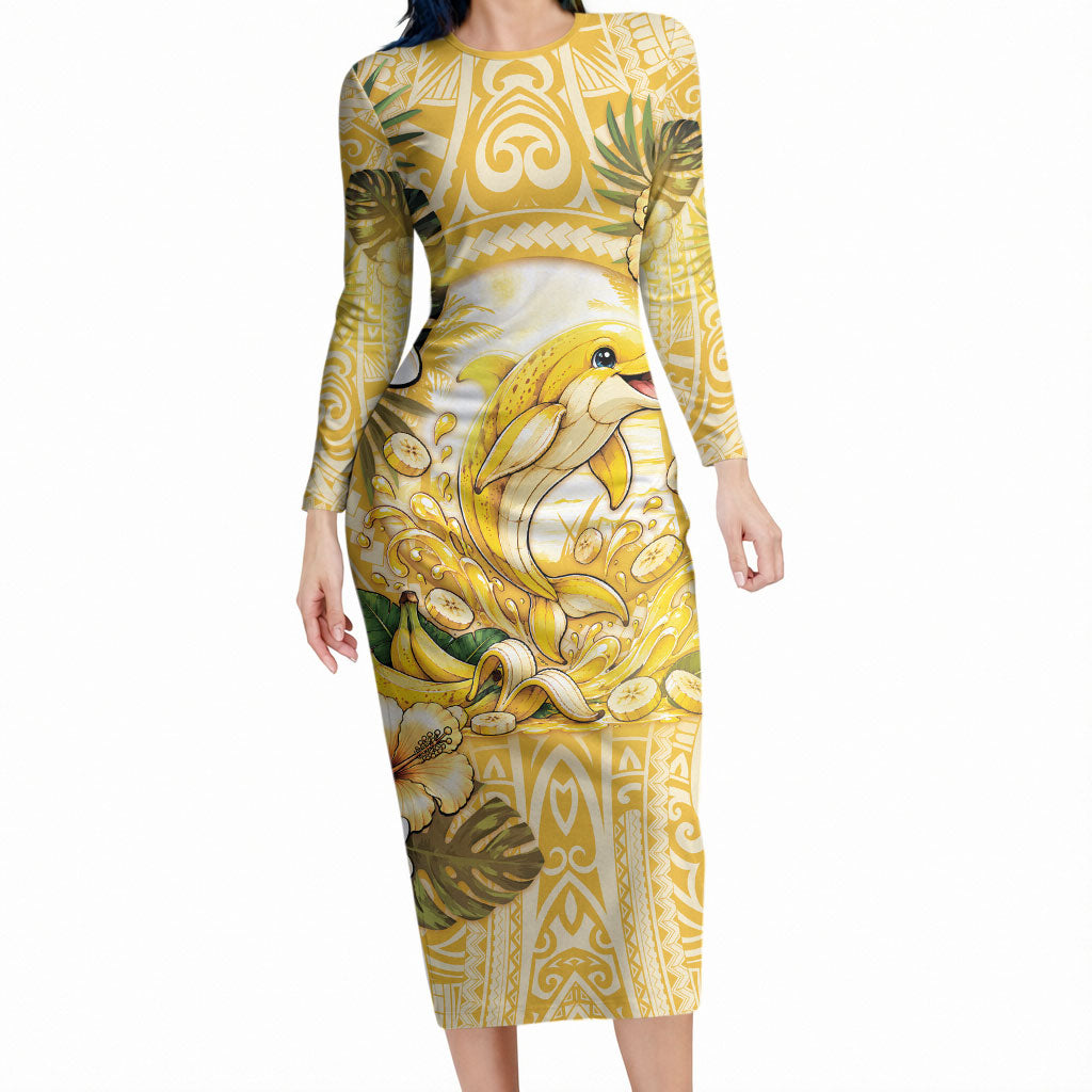 Hawaii Banana Dolphin Long Sleeve Bodycon Dress Cute Cosplay Naiʻa Fish Tribal Patterns DT05 Long Dress Yellow - Polynesian Pride