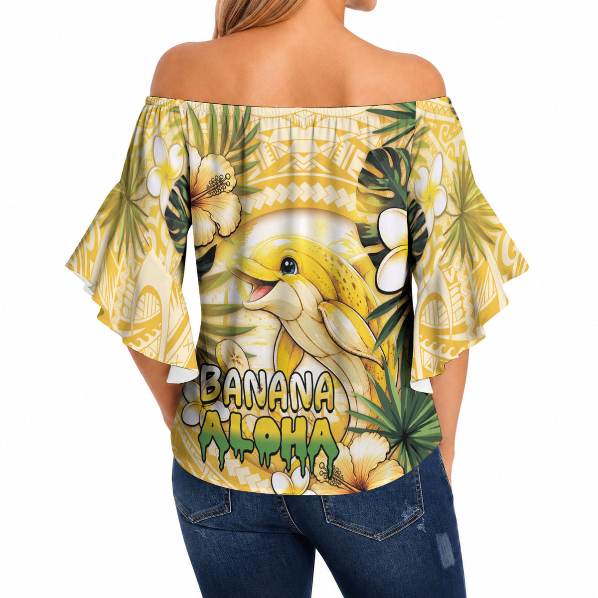 Hawaii Banana Dolphin Off Shoulder Wrap Waist Top Cute Cosplay Naiʻa Fish Tribal Patterns DT05 - Polynesian Pride