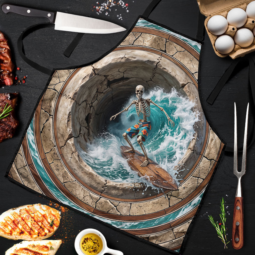 3D Illusion Surfing Skeleton Halloween Apron Surfboard Bones Ocean Wave Stone Well DT05 Gray - Polynesian Pride