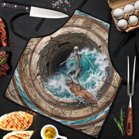 3D Illusion Surfing Skeleton Halloween Apron Surfboard Bones Ocean Wave Stone Well DT05 Gray - Polynesian Pride