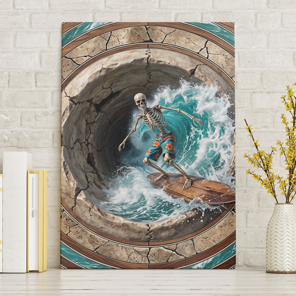 3D Illusion Surfing Skeleton Halloween Canvas Wall Art Surfboard Bones Ocean Wave Stone Well
