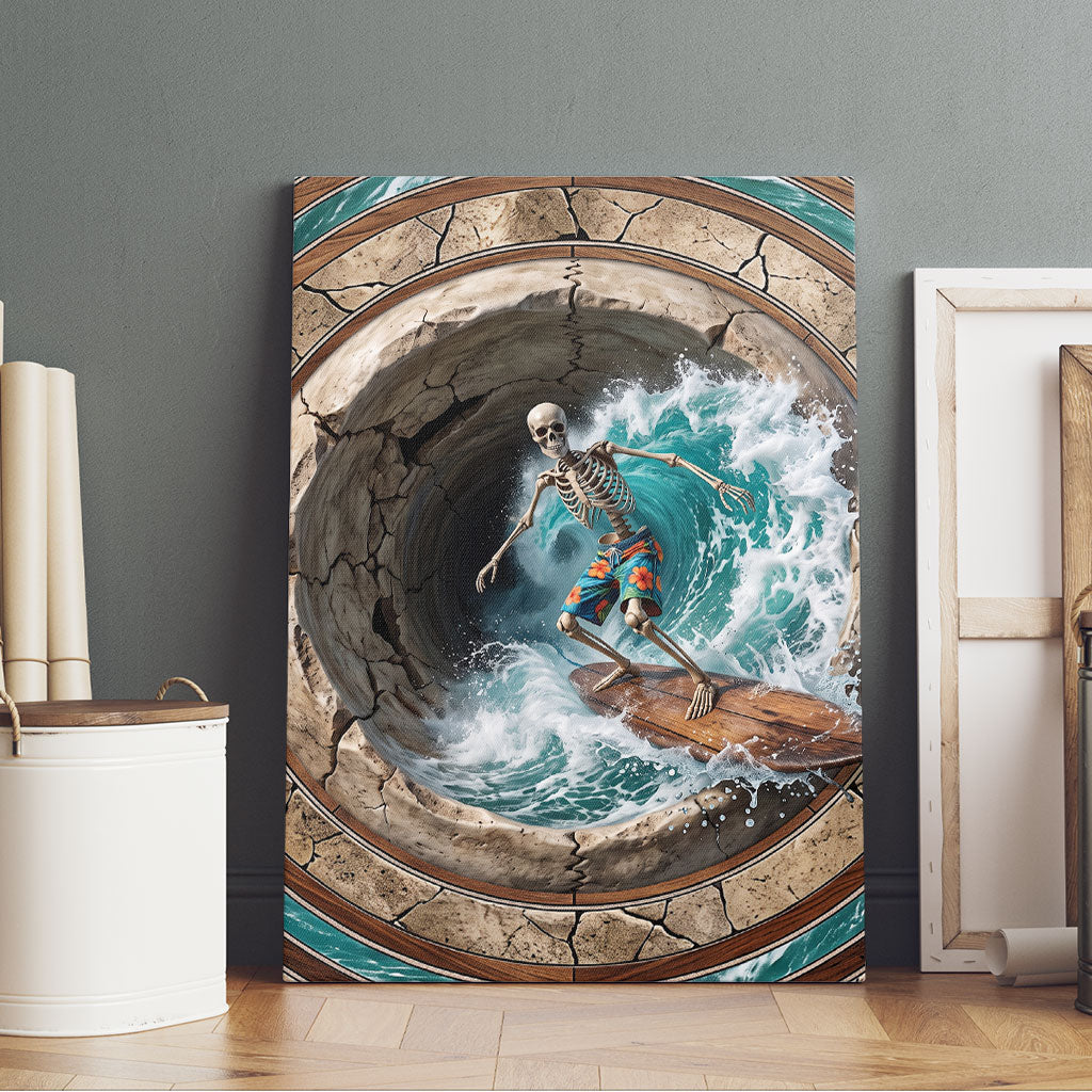3D Illusion Surfing Skeleton Halloween Canvas Wall Art Surfboard Bones Ocean Wave Stone Well DT05 - Polynesian Pride