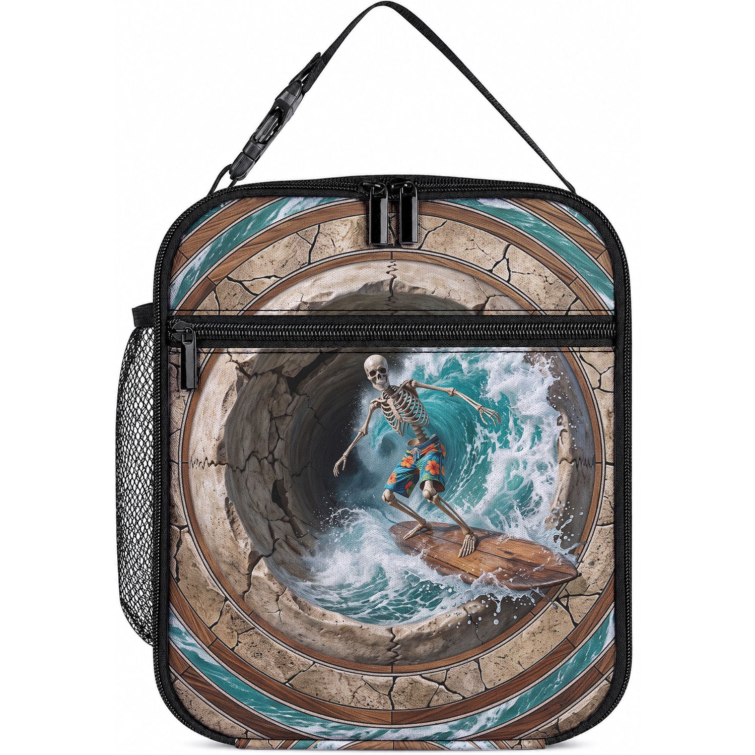 3D Illusion Surfing Skeleton Halloween Lunch Bag Surfboard Bones Ocean Wave Stone Well DT05 10.2 × 8.3 × 4.3 inch Gray - Polynesian Pride