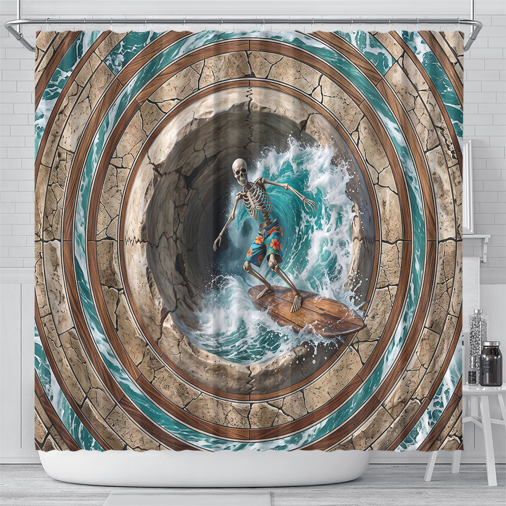 3D Illusion Surfing Skeleton Halloween Shower Curtain Surfboard Bones Ocean Wave Stone Well DT05 - Polynesian Pride