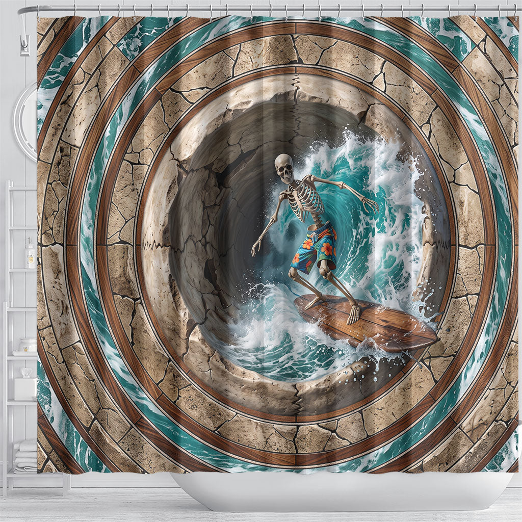 3D Illusion Surfing Skeleton Halloween Shower Curtain Surfboard Bones Ocean Wave Stone Well DT05 - Polynesian Pride