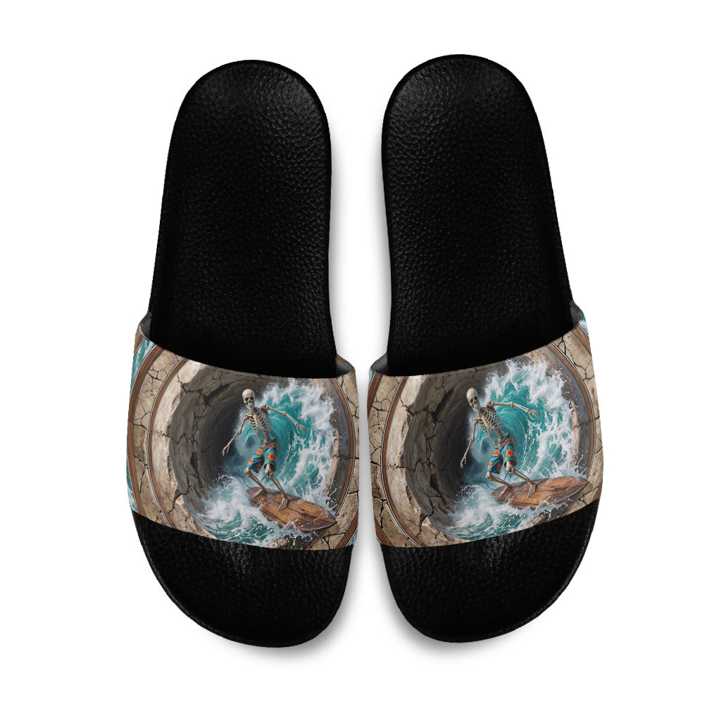 3D Illusion Surfing Skeleton Halloween Slide Sandals Surfboard Bones Ocean Wave Stone Well
