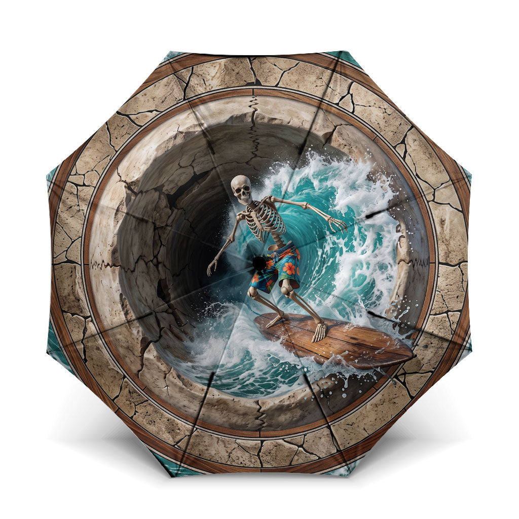 3D Illusion Surfing Skeleton Halloween Umbrella Surfboard Bones Ocean Wave Stone Well DT05 One Size Folded 11.42 inch Opened Diameter 37.4 inch Gray - Polynesian Pride