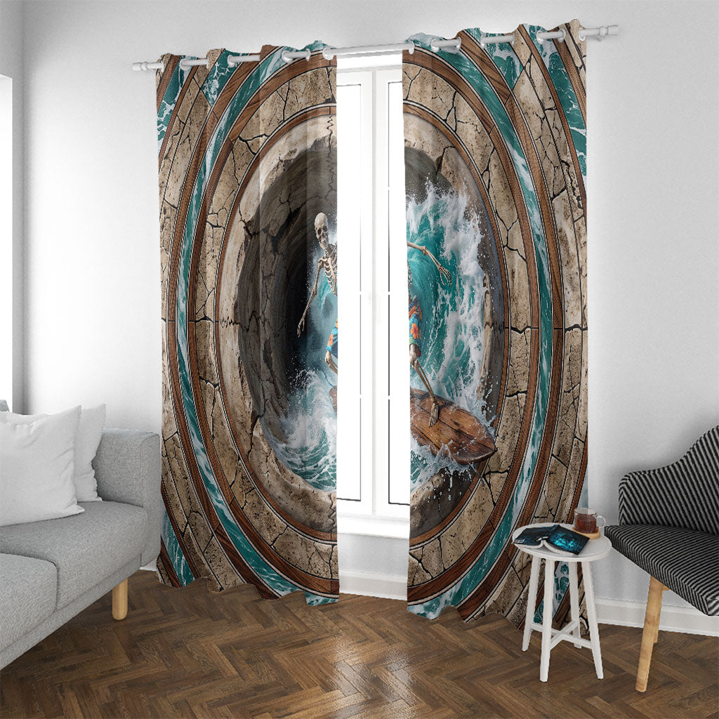3D Illusion Surfing Skeleton Halloween Window Curtain Surfboard Bones Ocean Wave Stone Well DT05 With Grommets Gray - Polynesian Pride