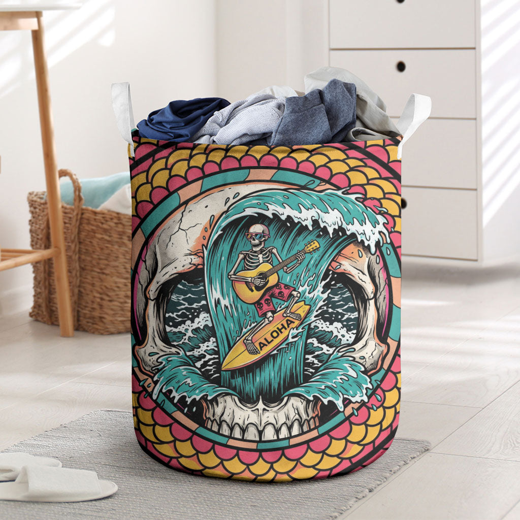 3D Illusion Surfing Skull Aloha Halloween Laundry Basket Tropical Guitarist Bones Wave DT05 Blue - Polynesian Pride
