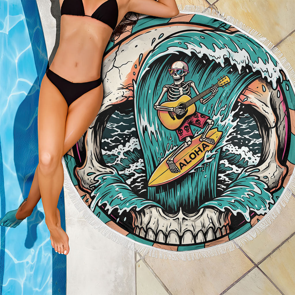 3D Illusion Surfing Skull Aloha Halloween Beach Blanket Tropical Guitarist Bones Wave DT05 - Polynesian Pride