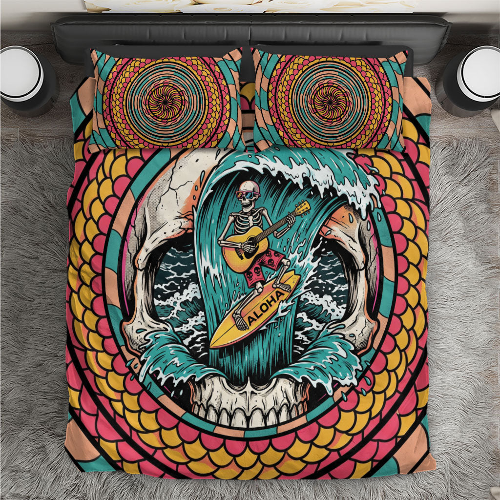 3D Illusion Surfing Skull Aloha Halloween Bedding Set Tropical Guitarist Bones Wave DT05 Blue - Polynesian Pride
