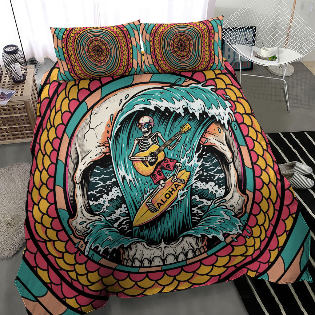 3D Illusion Surfing Skull Aloha Halloween Bedding Set Tropical Guitarist Bones Wave DT05 - Polynesian Pride