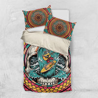 3D Illusion Surfing Skull Aloha Halloween Bedding Set Tropical Guitarist Bones Wave DT05 US Twin 172cm x 218cm Blue - Polynesian Pride