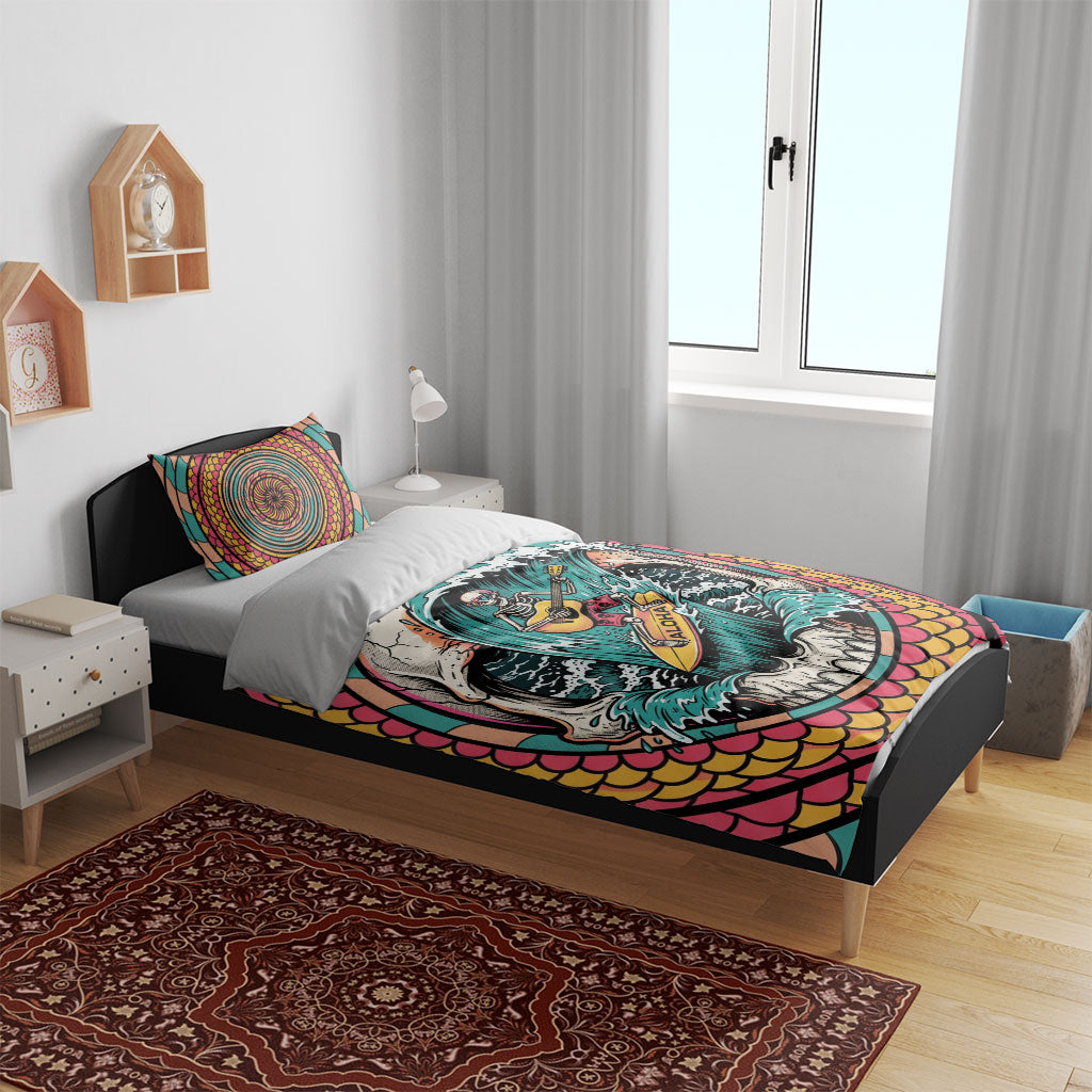 3D Illusion Surfing Skull Aloha Halloween Bedding Set Tropical Guitarist Bones Wave DT05 - Polynesian Pride