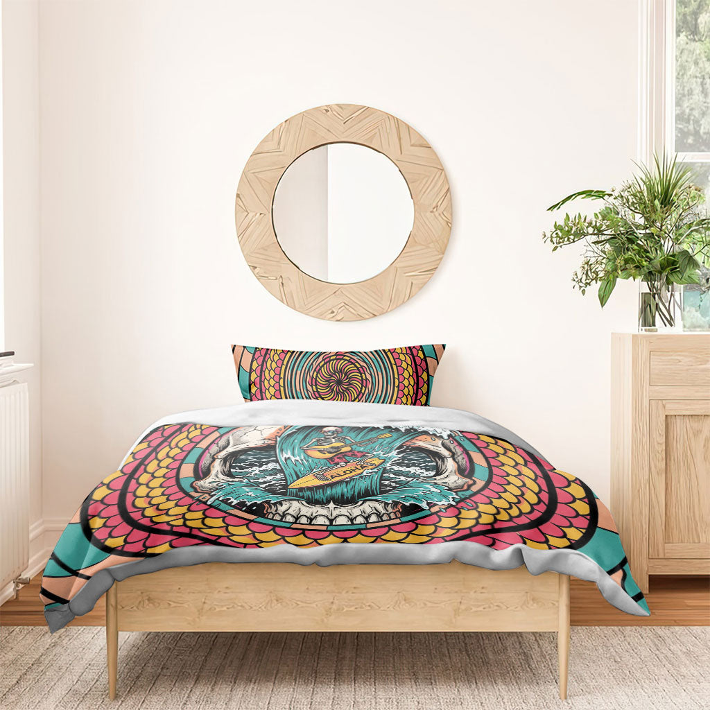3D Illusion Surfing Skull Aloha Halloween Bedding Set Tropical Guitarist Bones Wave DT05 - Polynesian Pride