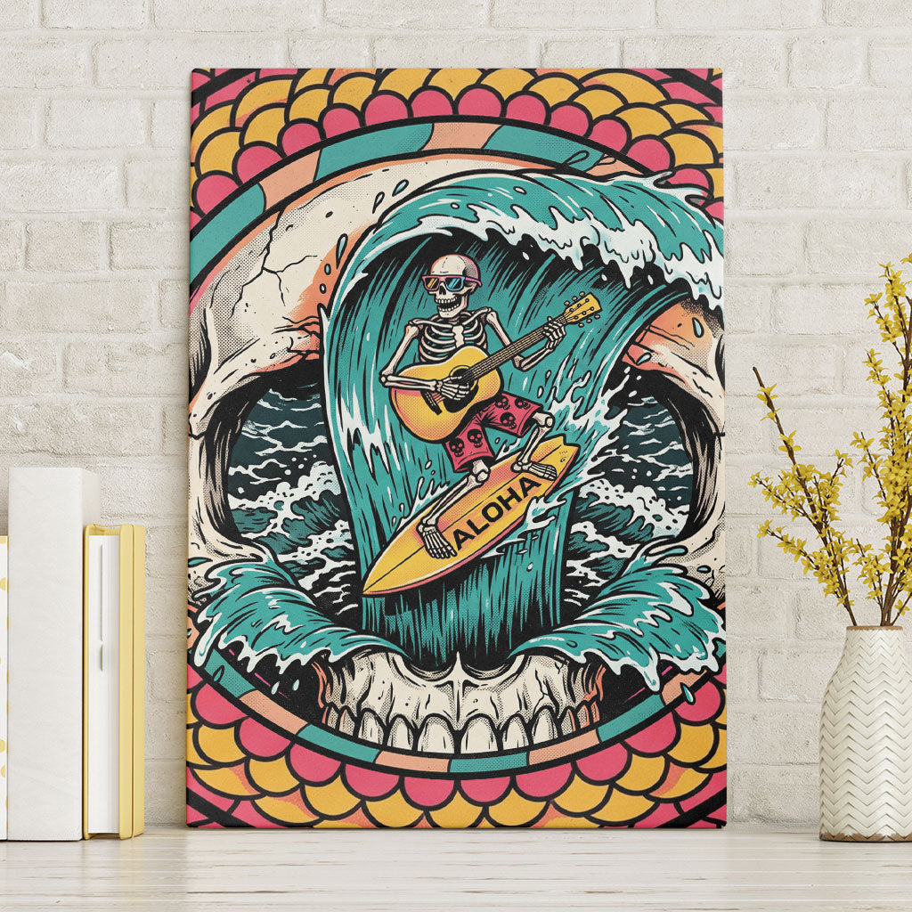 3D Illusion Surfing Skull Aloha Halloween Canvas Wall Art Tropical Guitarist Bones Wave