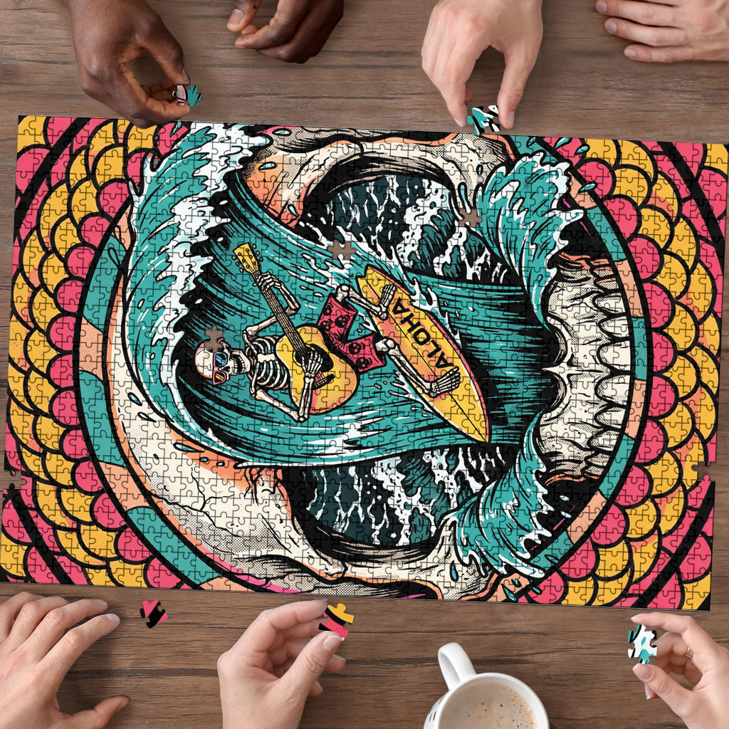 3D Illusion Surfing Skull Aloha Halloween Puzzle Tropical Guitarist Bones Wave DT05 - Polynesian Pride
